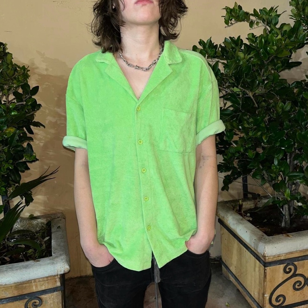 Collusion Electric Neon Green Terry Cloth Oversized Relaxed Fit Button-up Shirt